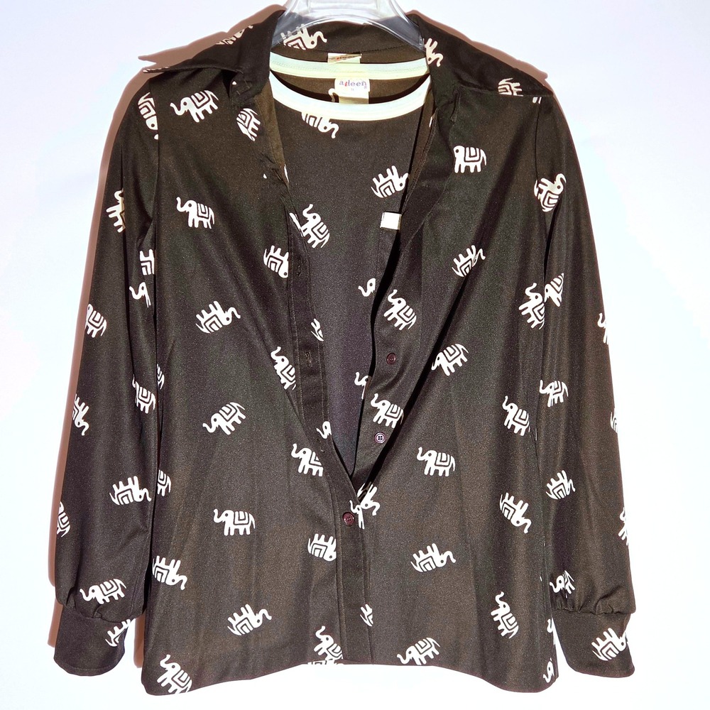 Aileen Matching Set S/10 Black Vintage 2 Piece Elephant Print Blouse and Tee